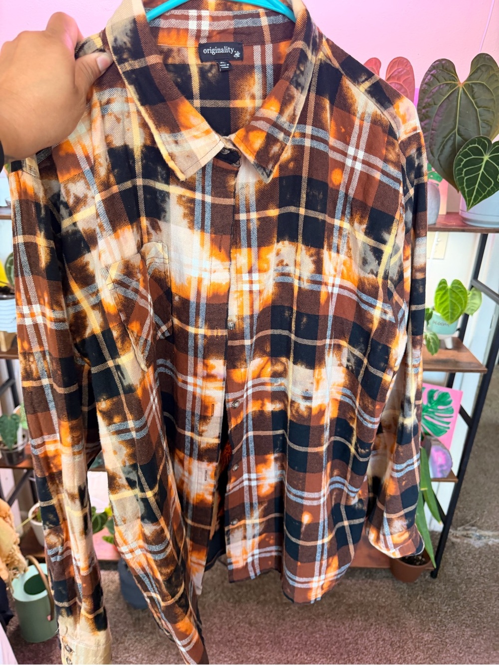 Originality+ Brown Black Orange Plaid Button-Up Blouse